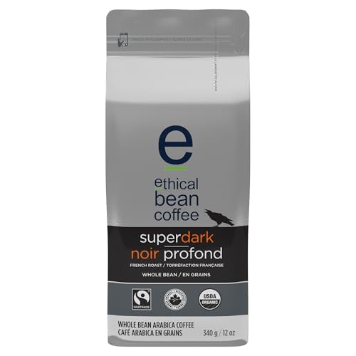 Ethical Bean Coffee Superdark Whole Bean Coffee, Ultra-Dark Roast, Certified Organic, Fairtrade, Kosher, 12 oz (340g), Deep and Bold Heavy-Bodied Beans with Smoky Chocolate Notes