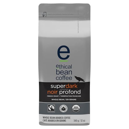 Ethical Bean Coffee Superdark Whole Bean Coffee, Ultra-Dark Roast, Certified Organic, Fairtrade, Kosher, 12 oz (340g), Deep and Bold Heavy-Bodied Beans with Smoky Chocolate Notes
