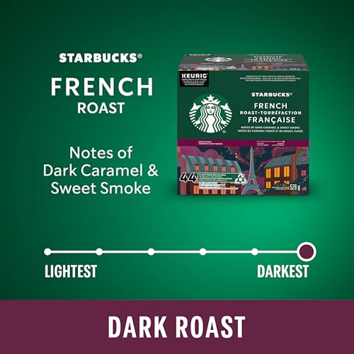 Starbucks French Roast Coffee Pods, Keurig K-Cup Compatible Capsules, Intense Dark Roast, 44 Count, Value Pack Dark Caramel and Smoky Notes