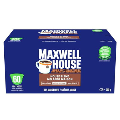 Maxwell House House Blend Coffee Pods Bulk Pack, Keurig K-Cup Compatible Capsules, Medium Roast, 60 Count, Large Family Size Smooth and Balanced Mug