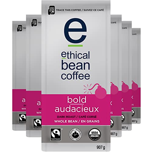 Ethical Bean Coffee Bold Whole Bean Coffee Bulk Pack, Dark Roast, Certified Organic, Fairtrade, Kosher, 2 lb (907g), Case of 6 Bags, Wholesale Supply Intense Edgy Dark Blend Beans