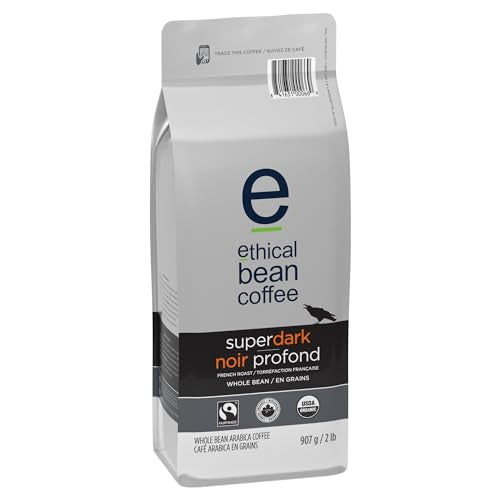 Ethical Bean Coffee Superdark Whole Bean Coffee, Ultra-Dark Roast, Certified Organic, Fairtrade, Kosher, 2 lb (907g), Large Value Size Bold Beans with Smoky Dark Chocolate Profile