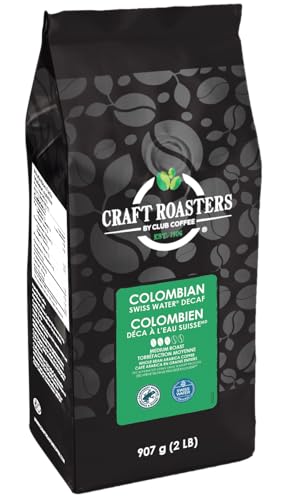 Club Coffee Craft Roasters 100% Colombian Decaf Whole Bean Coffee, Medium Roast, 2 lb (907g), Single Origin Decaffeinated Coffee Beans with Balanced and Fruity Notes