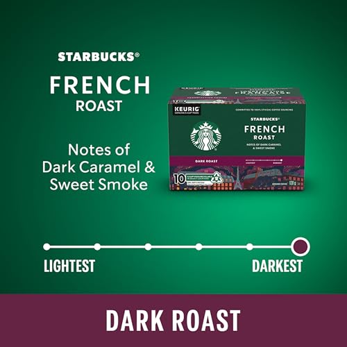 Starbucks French Roast Coffee Pods, Keurig K-Cup Compatible Capsules, Intense Dark Roast, 10 Count, Deep and Smoky Low-Acidity Finish