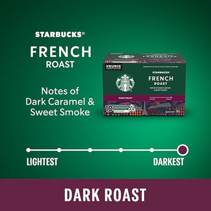Starbucks French Roast Coffee Pods, Keurig K-Cup Compatible Capsules, Intense Dark Roast, 10 Count, Deep and Smoky Low-Acidity Finish