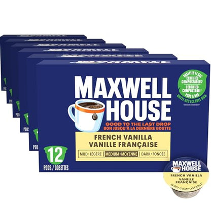 Maxwell House French Vanilla Flavoured Coffee Pods Bulk Pack, Keurig K-Cup Compatible Capsules, Light Roast, 72 Count (6 Boxes of 12), Sweet and Creamy Dessert Style Aromatics