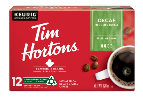 Tim Hortons Decaf Coffee Pods, Keurig K-Cup Compatible Capsules, Medium Roast Decaffeinated, 12 Count, Smooth Everyday Caffeine-Free Blend