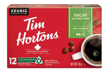 Tim Hortons Decaf Coffee Pods, Keurig K-Cup Compatible Capsules, Medium Roast Decaffeinated, 12 Count, Smooth Everyday Caffeine-Free Blend