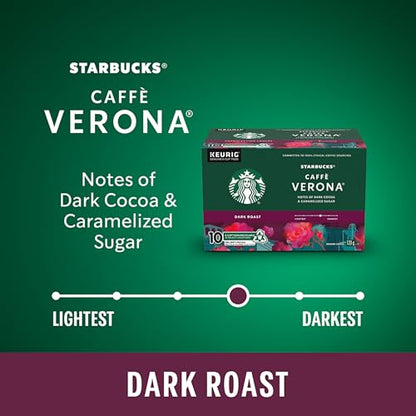 Starbucks Caffe Verona Coffee Pods, Keurig K-Cup Compatible Capsules, Rich Dark Roast, 10 Count, Bold Espresso Profile with Sweet Dark Cocoa Notes
