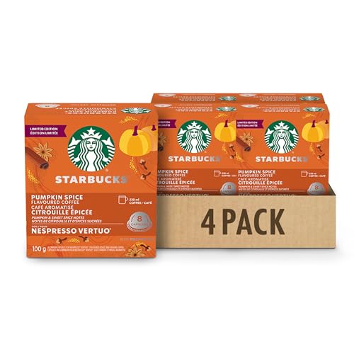 Starbucks for Nespresso Vertuo Pumpkin Spice Coffee Capsules Bulk Pack, Limited Edition Blonde Roast, Aluminium, 32 Count (4 x 8), Mug (7.7 oz / 230ml), Festive Flavored Pods