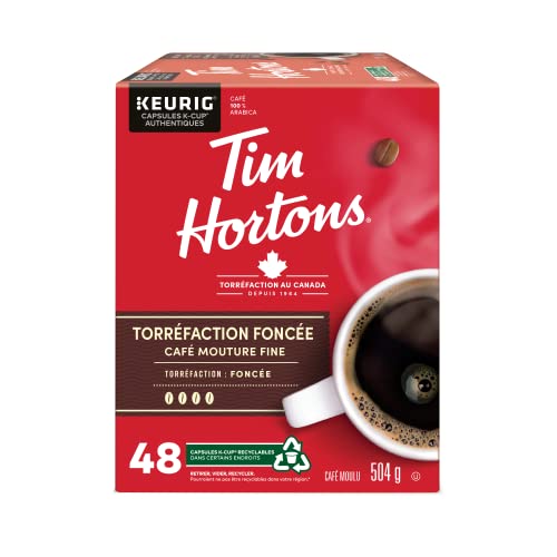Tim Hortons Dark Roast Coffee Pods, Keurig K-Cup Compatible Capsules, Rich Dark Roast, 48 Count, Deep and Smooth Low-Acidity Finish