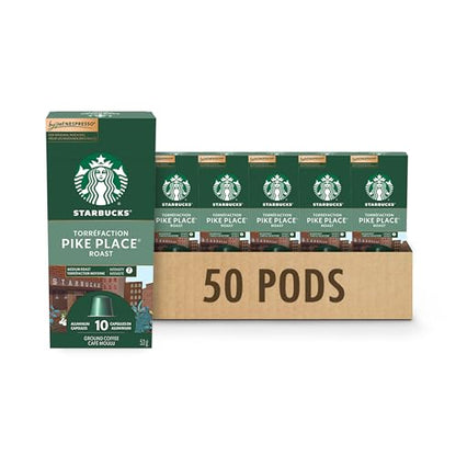 Starbucks by Nespresso Pike Place Roast Coffee Capsules, OriginalLine Compatible, Medium Roast, Aluminium, 50 Count (5 x 10), Smooth Lungo Pods with Chocolate and Toasted Nut Notes