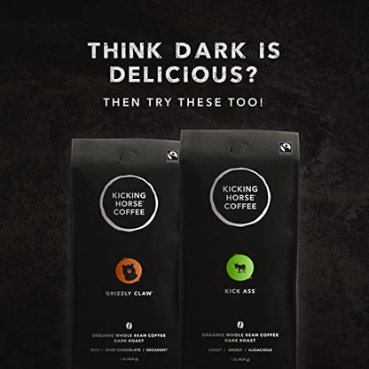 Kicking Horse Coffee 454 Horse Power Whole Bean Coffee, Dark Roast, Certified Organic, Fairtrade, Kosher, 1 lb (454g), Ultra-Dark Heavy Bodied Beans with Sweet Tobacco and Cacao Notes