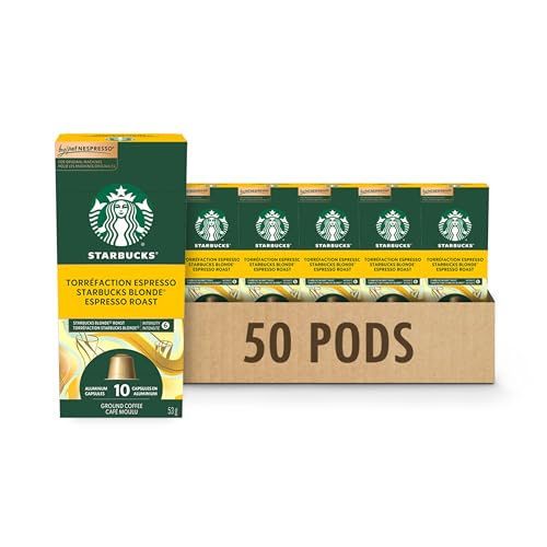 Starbucks by Nespresso Blonde Espresso Roast Coffee Capsules, OriginalLine Compatible, Light Roast, Aluminium, 50 Count (5 x 10), Smooth Pods for Latte and Cappuccino
