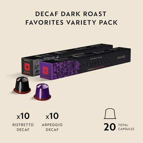 Nespresso Original Dark Roast Decaffeinated Variety Pack Coffee Capsules, High Intensity Espresso Pods, Aluminium, 20 Count (2 x 10), Decaf Arabica and Robusta Blend for Espresso (1.35 oz / 40ml), Pods for Latte and Cappuccino