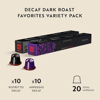 Nespresso Original Dark Roast Decaffeinated Variety Pack Coffee Capsules, High Intensity Espresso Pods, Aluminium, 20 Count (2 x 10), Decaf Arabica and Robusta Blend for Espresso (1.35 oz / 40ml), Pods for Latte and Cappuccino