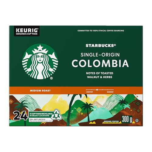 Starbucks Single Origin Colombia Coffee Pods, Keurig K-Cup Compatible Capsules, Medium Roast, 24 Count, Balanced and Round Single-Origin Taste with Juicy Notes