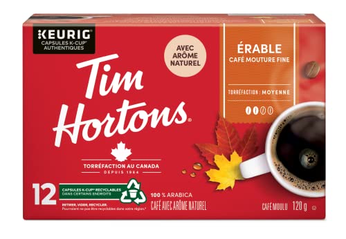 Tim Hortons Maple Flavoured Coffee Pods, Keurig K-Cup Compatible Capsules, Light Roast, 12 Count, Seasonal Sweet and Sweet Canadian Maple Notes