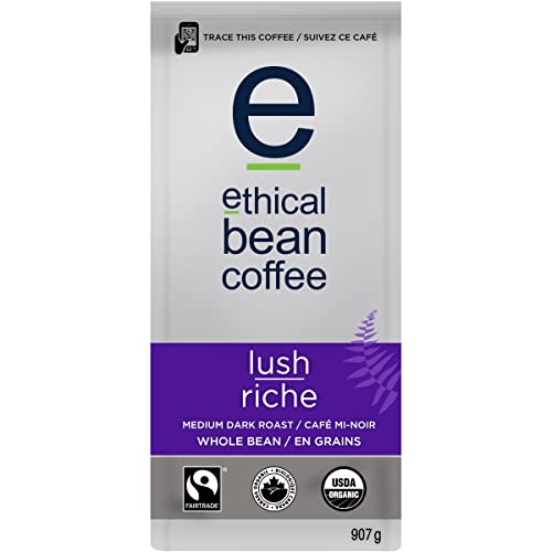 Ethical Bean Coffee Lush Whole Bean Coffee, Medium-Dark Roast, Certified Organic, Fairtrade, Kosher, 2 lb (907g), Large Value Size Rich Beans with Fruit and Earthy Notes