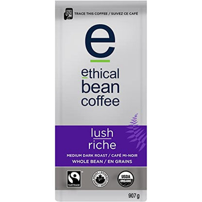 Ethical Bean Coffee Lush Whole Bean Coffee, Medium-Dark Roast, Certified Organic, Fairtrade, Kosher, 2 lb (907g), Large Value Size Rich Beans with Fruit and Earthy Notes