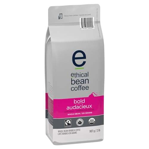 Ethical Bean Coffee Bold Whole Bean Coffee, Dark Roast, Certified Organic, Fairtrade, Kosher, 2 lb (907g), Large Value Size Intense Beans with Edgy Sweetness for Drip and Espresso