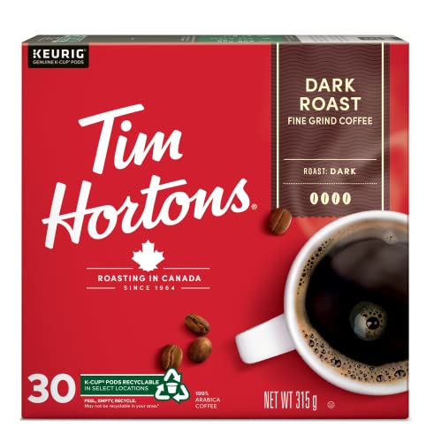 Tim Hortons Dark Roast Coffee Pods, Keurig K-Cup Compatible Capsules, Rich Dark Roast, 30 Count, Intense and Full-Bodied Dark Blend