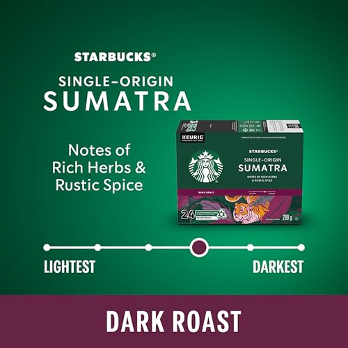 Starbucks Single Origin Sumatra Coffee Pods, Keurig K-Cup Compatible Capsules, Dark Roast, 24 Count, Heavy Bodied Earthy Beans with Herbal Undertones