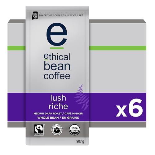 Ethical Bean Coffee Lush Whole Bean Coffee Bulk Pack, Medium-Dark Roast, Certified Organic, Fairtrade, Kosher, 2 lb (907g), Case of 6 Bags, Wholesale Supply Rich Hand-Roasted Beans