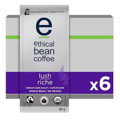 Ethical Bean Coffee Lush Whole Bean Coffee Bulk Pack, Medium-Dark Roast, Certified Organic, Fairtrade, Kosher, 2 lb (907g), Case of 6 Bags, Wholesale Supply Rich Hand-Roasted Beans