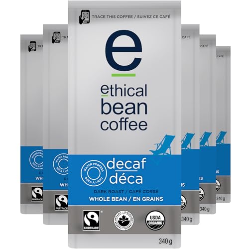 Ethical Bean Coffee Decaf Whole Bean Coffee Bulk Pack, Dark Roast, Certified Organic, Fairtrade, Kosher, 12 oz (340g), Case of 6 Bags, Swiss Water Natural Caffeine-Free Blend