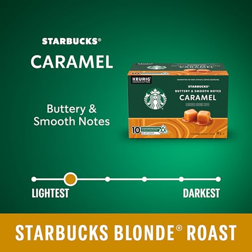Starbucks Caramel Flavoured Coffee Pods, Keurig K-Cup Compatible Capsules, Light Roast, 10 Count, Sweet and Creamy Buttery Caramel Aromatics