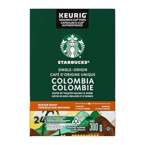 Starbucks Single Origin Colombia Coffee Pods, Keurig K-Cup Compatible Capsules, Medium Roast, 24 Count, Balanced and Round Single-Origin Taste with Juicy Notes