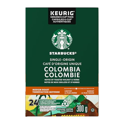 Starbucks Single Origin Colombia Coffee Pods, Keurig K-Cup Compatible Capsules, Medium Roast, 24 Count, Balanced and Round Single-Origin Taste with Juicy Notes