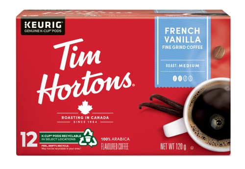 Tim Hortons French Vanilla Flavoured Coffee Pods, Keurig K-Cup Compatible Capsules, Light Roast, 12 Count, Fragrant Dessert Style Sweet Vanilla Coffee