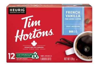 Tim Hortons French Vanilla Flavoured Coffee Pods, Keurig K-Cup Compatible Capsules, Light Roast, 12 Count, Fragrant Dessert Style Sweet Vanilla Coffee