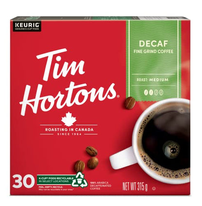 Tim Hortons Decaf Coffee Pods, Keurig K-Cup Compatible Capsules, Medium Roast Decaffeinated, 30 Count, Authentic Signature Taste Without Caffeine