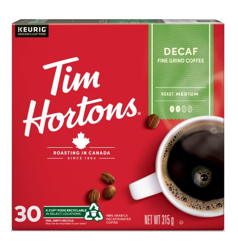 Tim Hortons Decaf Coffee Pods, Keurig K-Cup Compatible Capsules, Medium Roast Decaffeinated, 30 Count, Authentic Signature Taste Without Caffeine