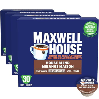 Maxwell House House Blend Coffee Pods Bulk Pack, Keurig K-Cup Compatible Capsules, Medium Roast, 120 Count (4 Boxes of 30), Smooth and Lively Everyday Morning Coffee