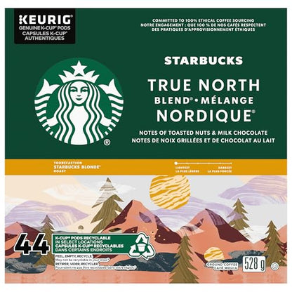 Starbucks True North Blend Coffee Pods, Keurig K-Cup Compatible Capsules, Blonde Roast, 44 Count, Value Pack Mellow Cocoa and Soft Toasted Malt Taste