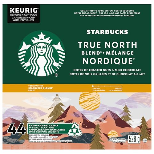 Starbucks True North Blend Coffee Pods, Keurig K-Cup Compatible Capsules, Blonde Roast, 44 Count, Value Pack Mellow Cocoa and Soft Toasted Malt Taste