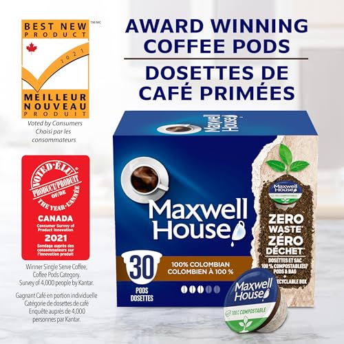 Maxwell House 100% Colombian Coffee Pods Bulk Pack, Keurig K-Cup Compatible Capsules, Medium Roast, 120 Count (4 Boxes of 30), Rich Single Origin Style Coffee