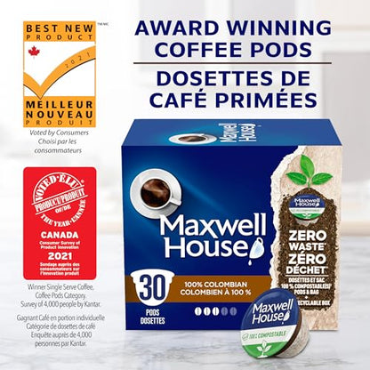 Maxwell House 100% Colombian Coffee Pods Bulk Pack, Keurig K-Cup Compatible Capsules, Medium Roast, 120 Count (4 Boxes of 30), Rich Single Origin Style Coffee