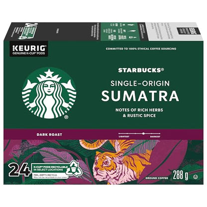 Starbucks Single Origin Sumatra Coffee Pods, Keurig K-Cup Compatible Capsules, Dark Roast, 24 Count, Heavy Bodied Earthy Beans with Herbal Undertones