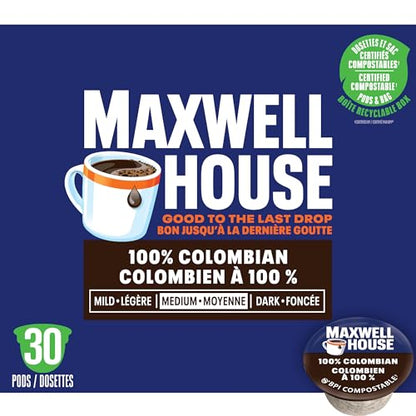 Maxwell House 100% Colombian Coffee Pods Bulk Pack, Keurig K-Cup Compatible Capsules, Medium Roast, 120 Count (4 Boxes of 30), Rich Single Origin Style Coffee