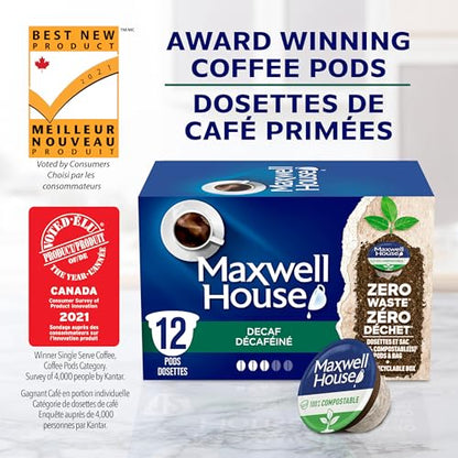 Maxwell House Decaffeinated Original Roast Coffee Pods Bulk Pack, Keurig K-Cup Compatible Capsules, Medium Roast Decaffeinated, 72 Count (6 Boxes of 12), Wholesale Caffeine-Free Stock