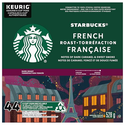 Starbucks French Roast Coffee Pods, Keurig K-Cup Compatible Capsules, Intense Dark Roast, 44 Count, Value Pack Dark Caramel and Smoky Notes