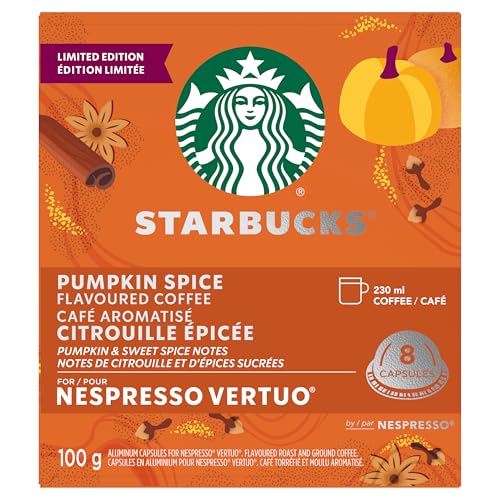 Starbucks for Nespresso Vertuo Pumpkin Spice Coffee Capsules, Limited Edition Blonde Roast, Aluminium, 8 Count, Mug (7.7 oz / 230ml), Flavored Pods with Pumpkin and Cinnamon Notes