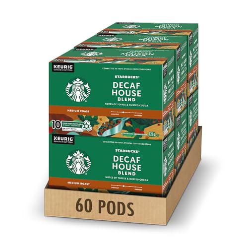 Starbucks House Blend Decaf Coffee Pods Bulk Pack, Keurig K-Cup Compatible Capsules, Medium Roast Decaffeinated, 60 Count, Large Office Size Caffeine-Free Cup