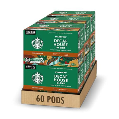 Starbucks House Blend Decaf Coffee Pods Bulk Pack, Keurig K-Cup Compatible Capsules, Medium Roast Decaffeinated, 60 Count, Large Office Size Caffeine-Free Cup