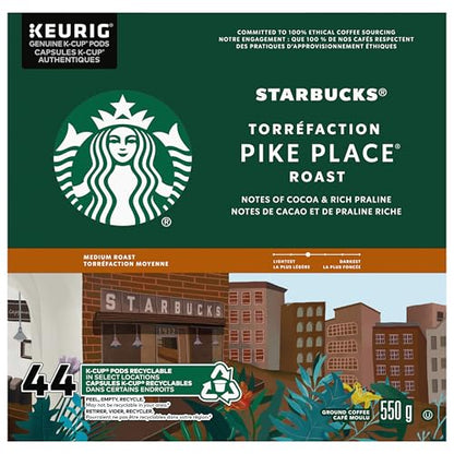 Starbucks Pike Place Roast Coffee Pods, Keurig K-Cup Compatible Capsules, Medium Roast, 44 Count, Value Pack Smooth Daily Multi-Origin Blend